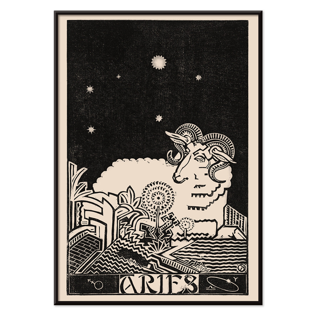 Aries constellation and artistic ram illustration by Henri van der Stok with stylized landscape and stars Zodiac signs Aries poster, with black aluminium frame on white background