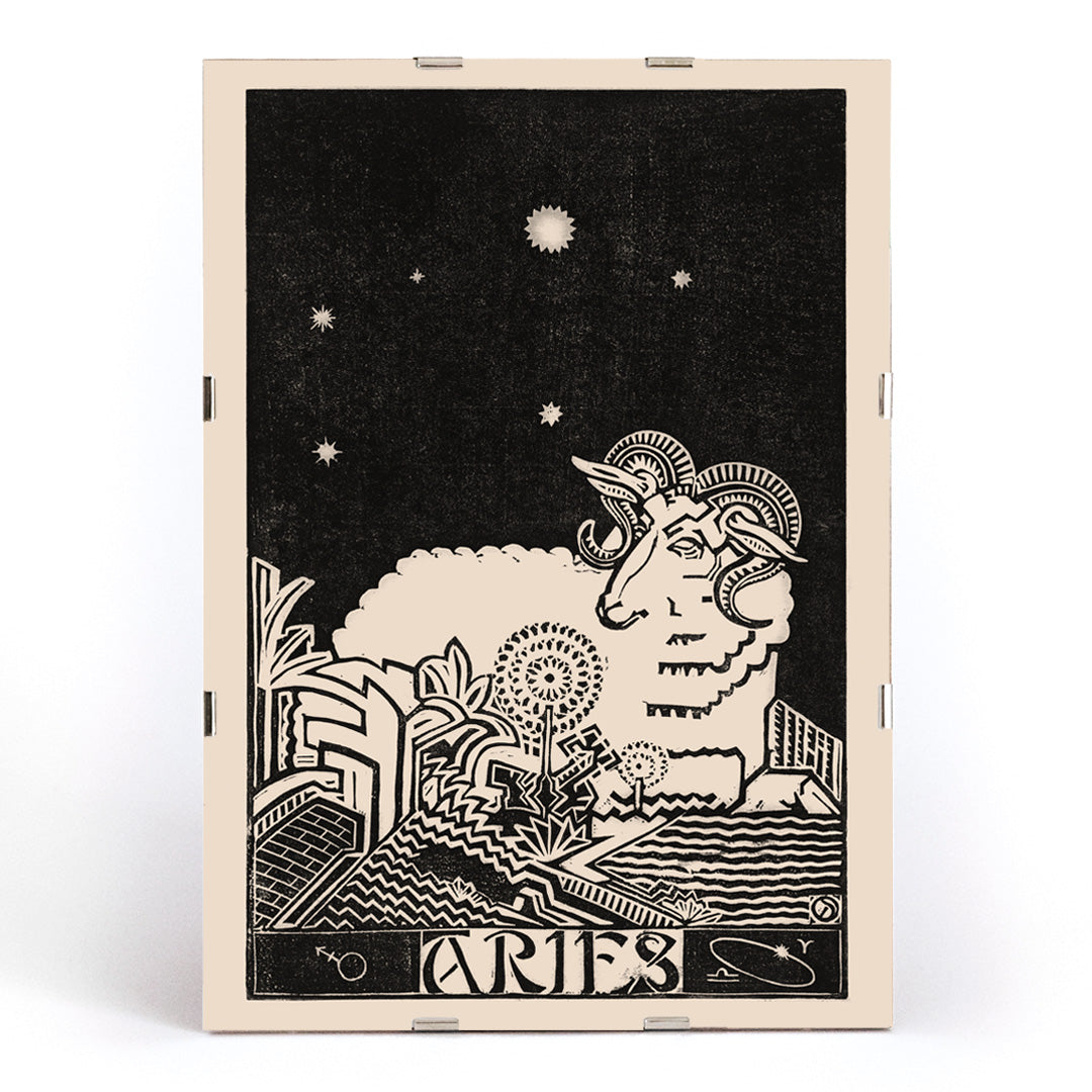 Aries constellation and artistic ram illustration by Henri van der Stok with stylized landscape and stars Zodiac signs Aries poster, framed and displayed in modern living room decor