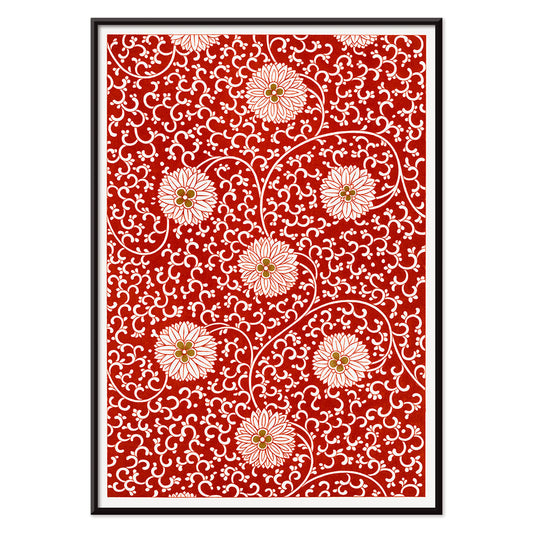 Red floral pattern artwork by Owen Jones from Chinese Ornament featuring intricate white flowers and swirling vines poster, with black aluminium frame on white background