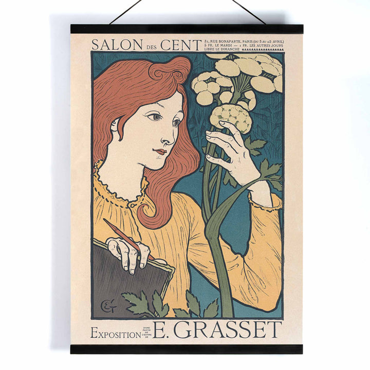 Eugène Grasset Salon des Cent poster featuring a red haired woman with flowers in cream teal and yellow Art Nouveau style, with wooden magnetic frame on white background