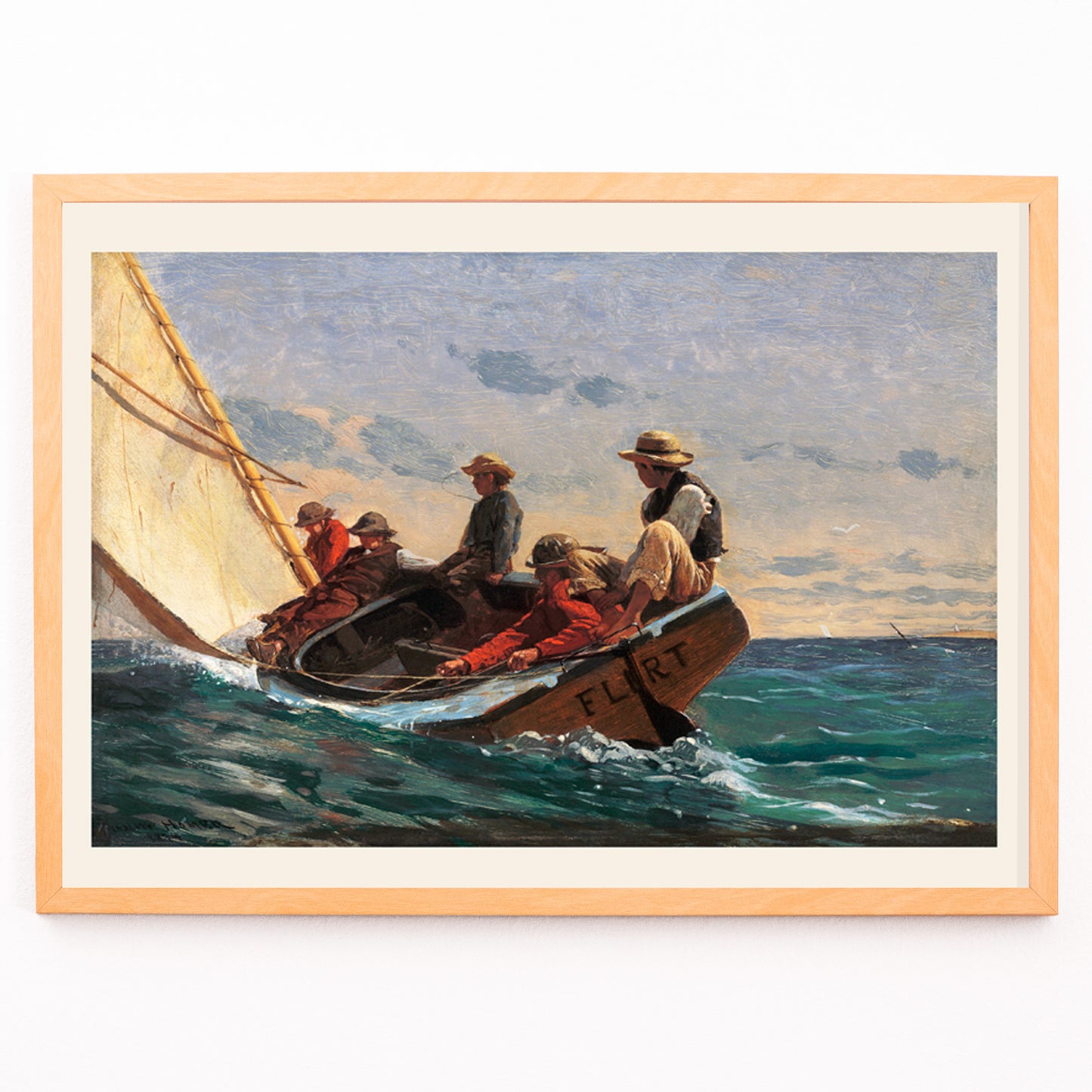 Closeup detail of Sailboat crew navigating ocean waves and people sailing on a boat in the sea The Flirt by Winslow Homer