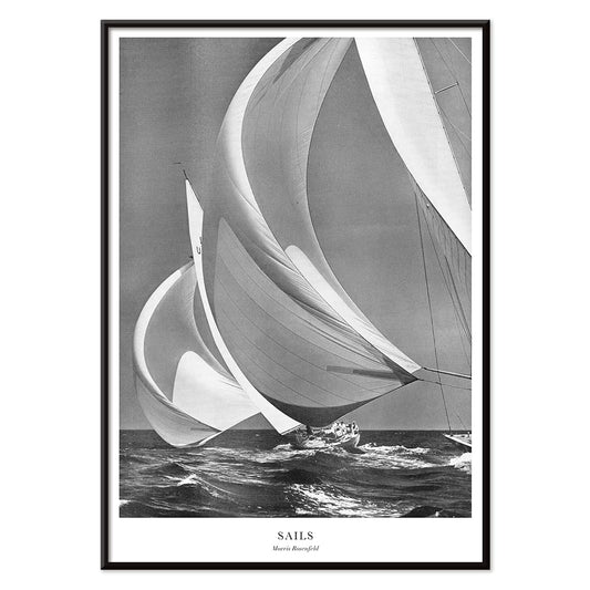 Sailing yacht with billowing sails on the open ocean by Morris Rosenfeld titled Sails poster artwork, with black aluminium frame on white background