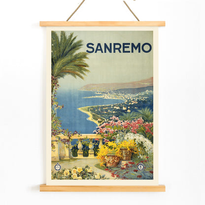 Scenic coastal landscape of Sanremo with flowers palm trees and sea view poster wall decor travel inspiration, with wooden magnetic frame on white background