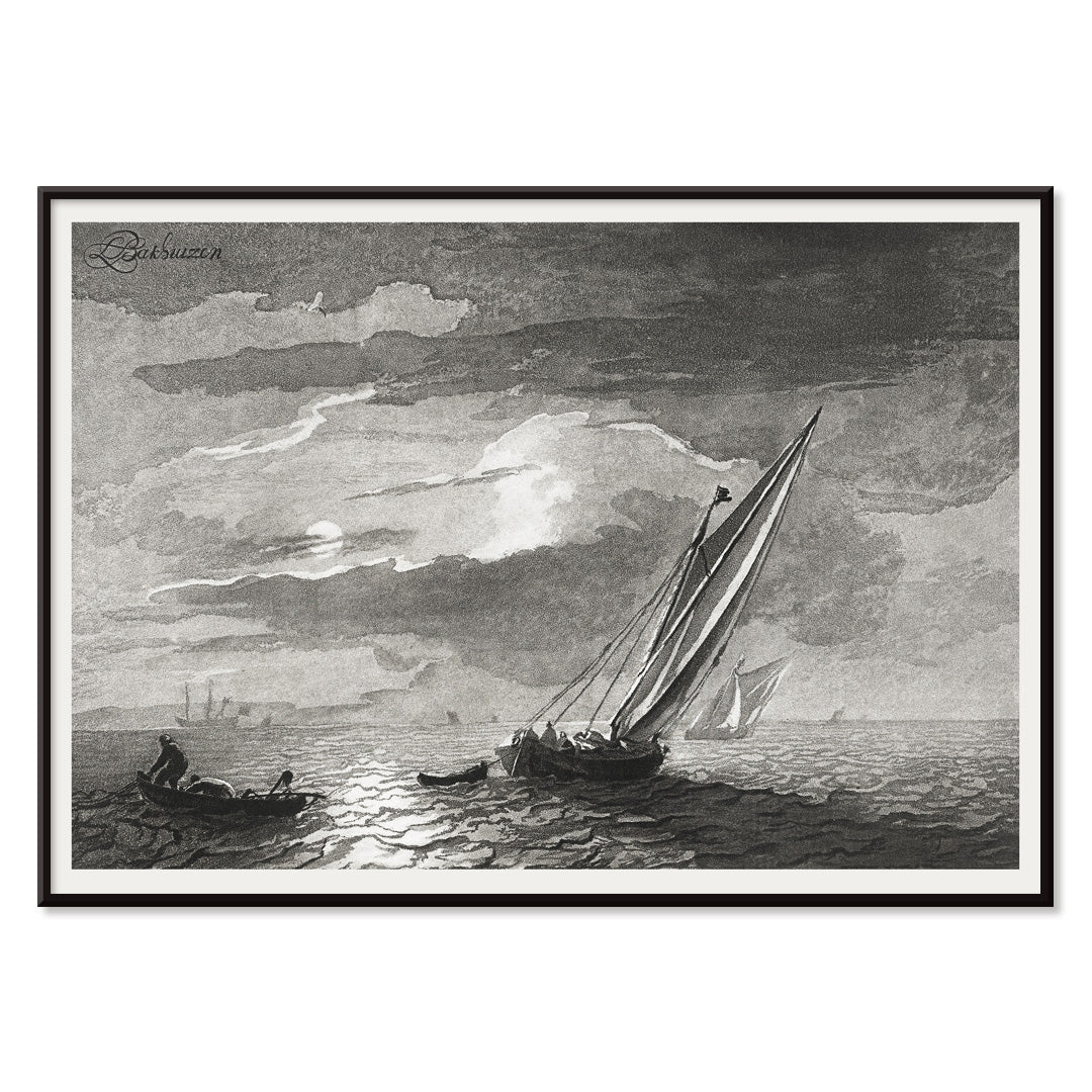 Sailboats on a moonlit sea seascape with full moon by Cornelis Ploos van Amstel poster showing sailboats on the ocean under a moonlit sky, with black aluminium frame on white background