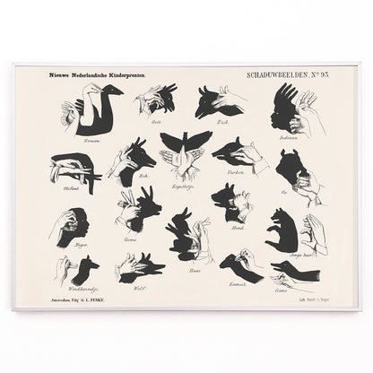 Closeup detail of Vintage hand shadow puppet illustrations and animal shapes poster from Shadow Hands by George Lodewijk Funke artwork