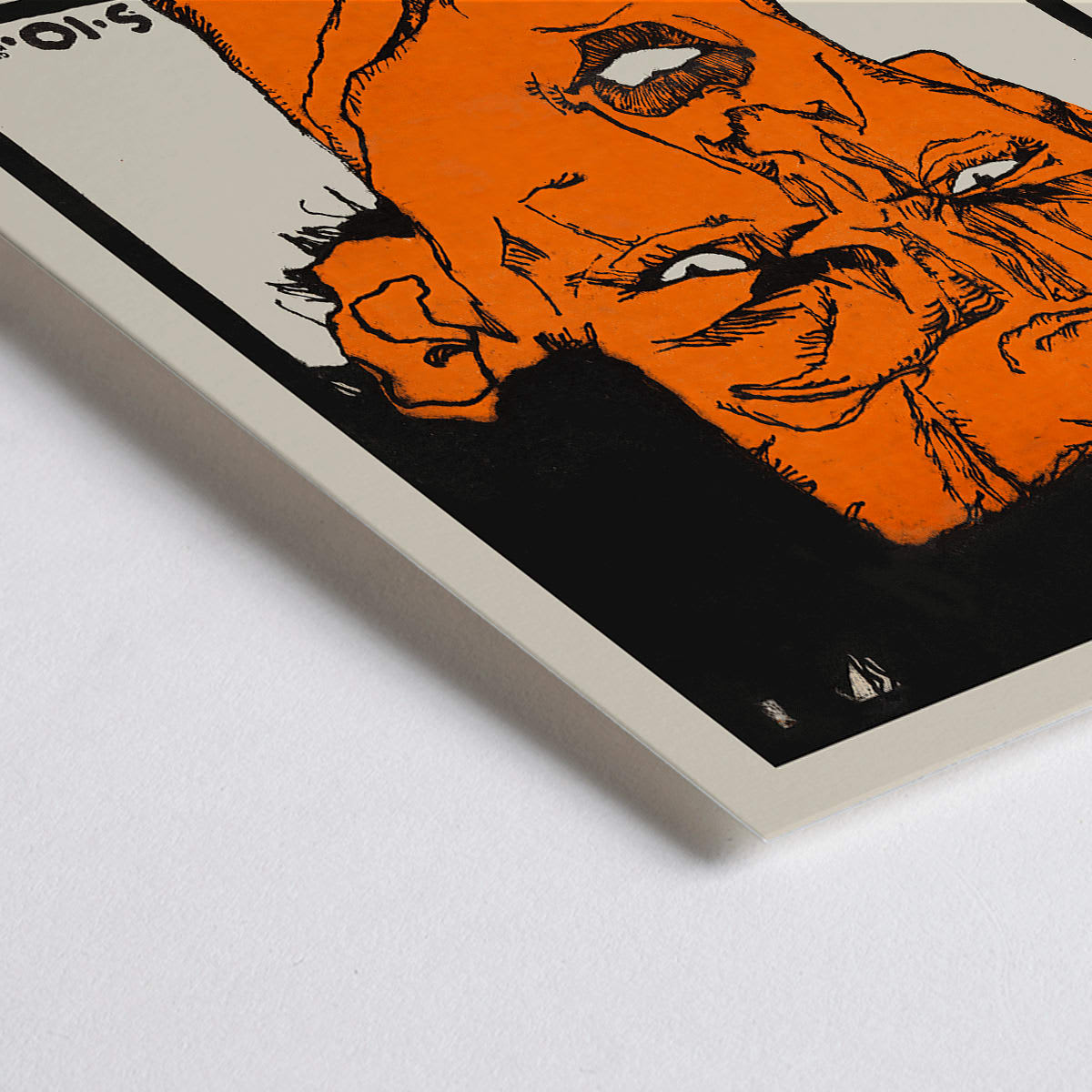 Closeup detail of Colorful abstract portrait poster by Egon Schiele titled Shaw or Irony Lecture by Egon Friedell with bold colors and text