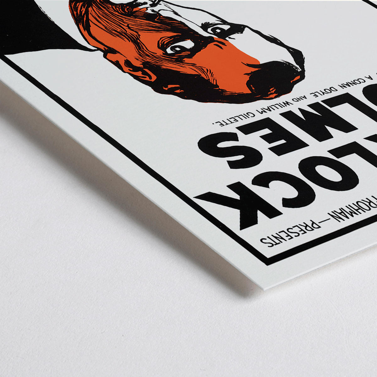 Closeup detail of Sherlock Holmes Theater Poster by Arthur Conan Doyle and William Gillette featuring dramatic illustrated portrait of detective with pipe