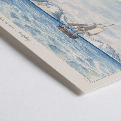 Closeup detail of Sailing ship near snowy mountains in View West of Lout Harbour Spitzberger by Charles Hamilton Smith poster painting with sailboat and icy mountains in background