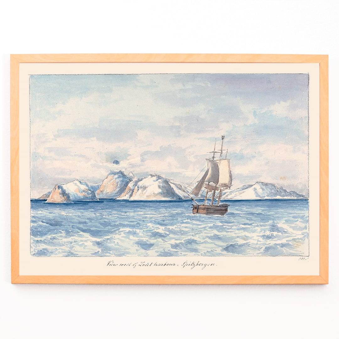Sailing ship near snowy mountains in View West of Lout Harbour Spitzberger by Charles Hamilton Smith poster painting with sailboat and icy mountains in background, framed and displayed in modern living room decor
