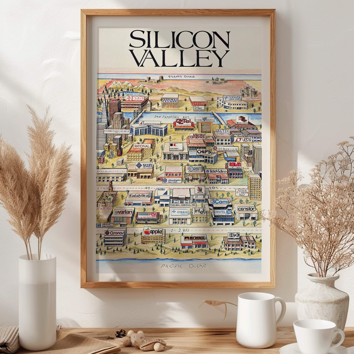 Silicon Valley Map poster by Kirby Scudder featuring tech company logos and notable companies illustration, framed and displayed in home decor