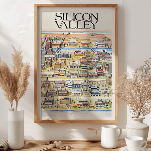 Silicon Valley Map poster by Kirby Scudder featuring tech company logos and notable companies illustration, framed and displayed in home decor