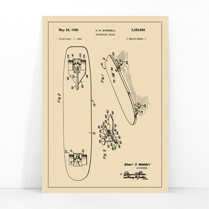 Technical illustration and poster of skateboard brake concept by artist A O Waddell titled Skate Board Brake Patent featuring labeled technical drawings for wall decor, framed and displayed in modern living room decor