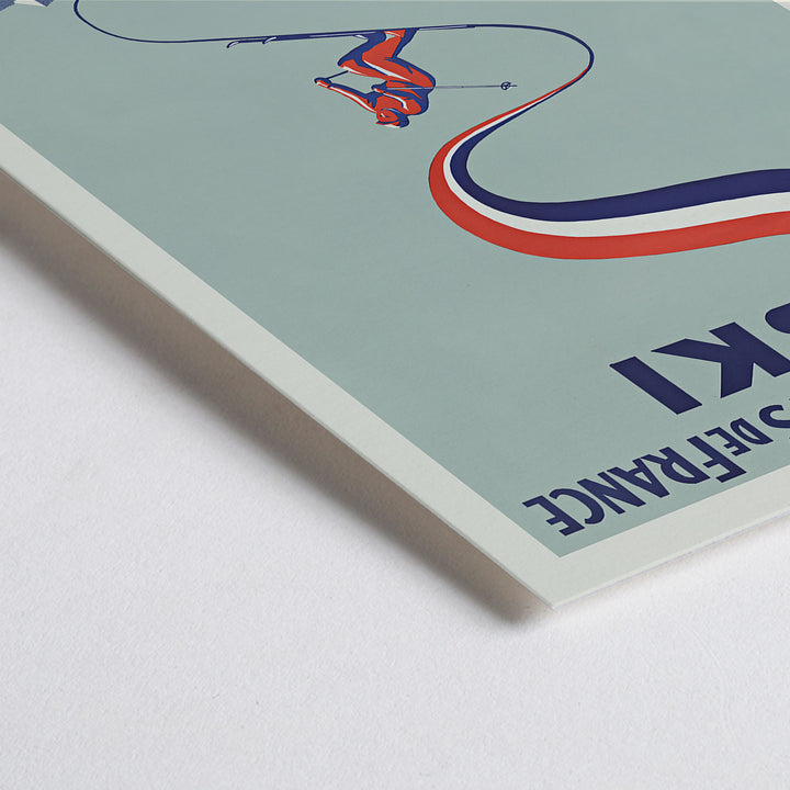 Closeup detail of H. Mathieu French Ski Championships poster for Barèges with alpine skier, blue slopes, red and white ribbon graphics, snowy mountains