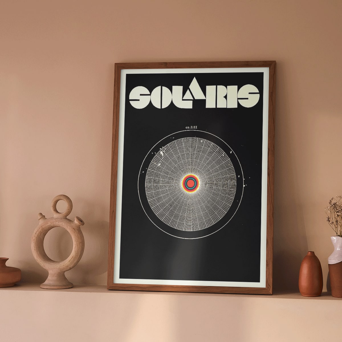 Solaris Movie Poster abstract cosmic and circular design with intricate vibrant patterns on black background by Daniela Narvaez and anonymous artist, framed and displayed in modern living room decor