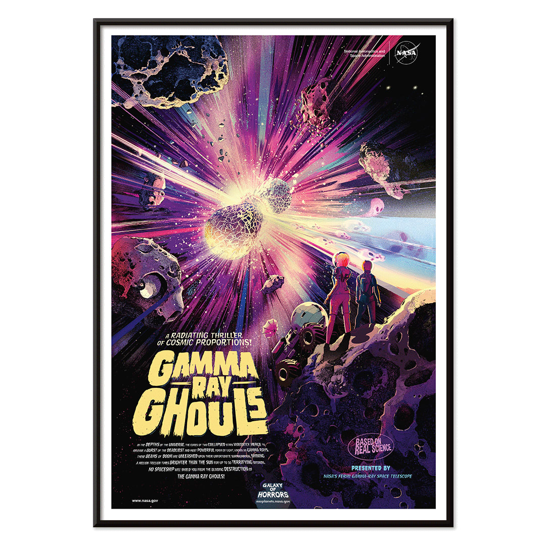 Astronauts and asteroids in vibrant cosmic explosion Gamma Ray Ghouls by NASA space wall art poster, with black aluminium frame on white background