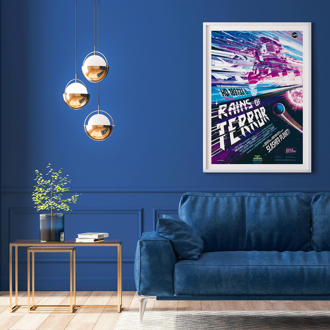 Colorful sci fi poster titled Rains of Terror by NASA featuring a dramatic alien storm scene vivid colors planets and dynamic space artwork, framed and displayed in home decor
