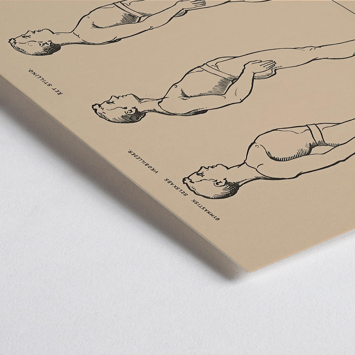 Closeup detail of N.C. Roms Standing posture study poster with four side view figures in black line on beige background