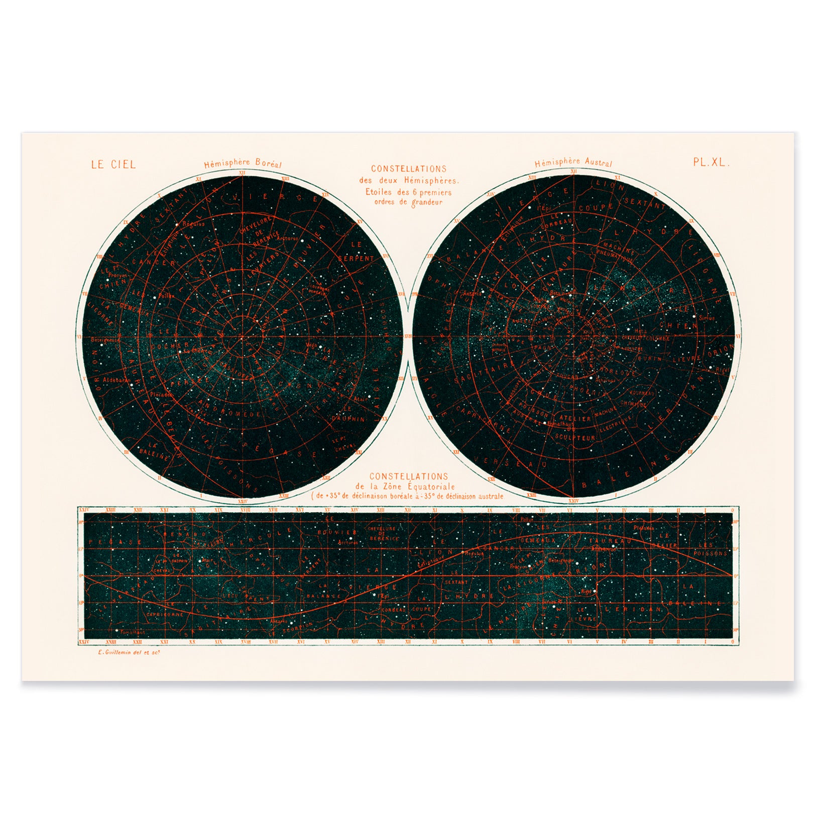 Celestial chart and poster of the two hemispheres night sky by Guillemin Amédée showing Constellations of the Two Hemispheres star maps, with black aluminium frame on white background