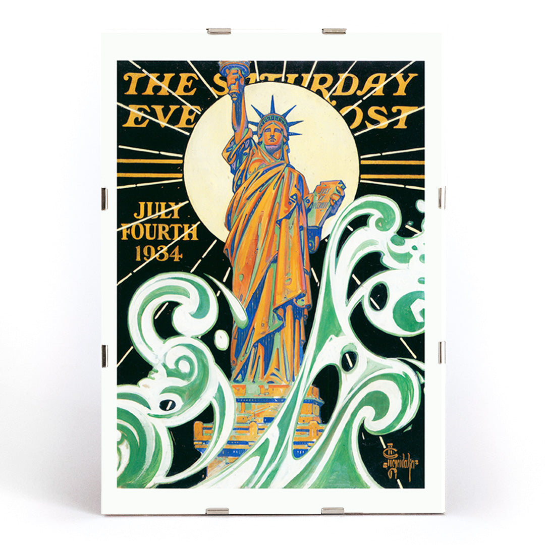 Colorful Statue of Liberty artwork with bold waves and sunburst by J C Leyendecker poster titled Statue of Liberty, framed and displayed in modern living room decor