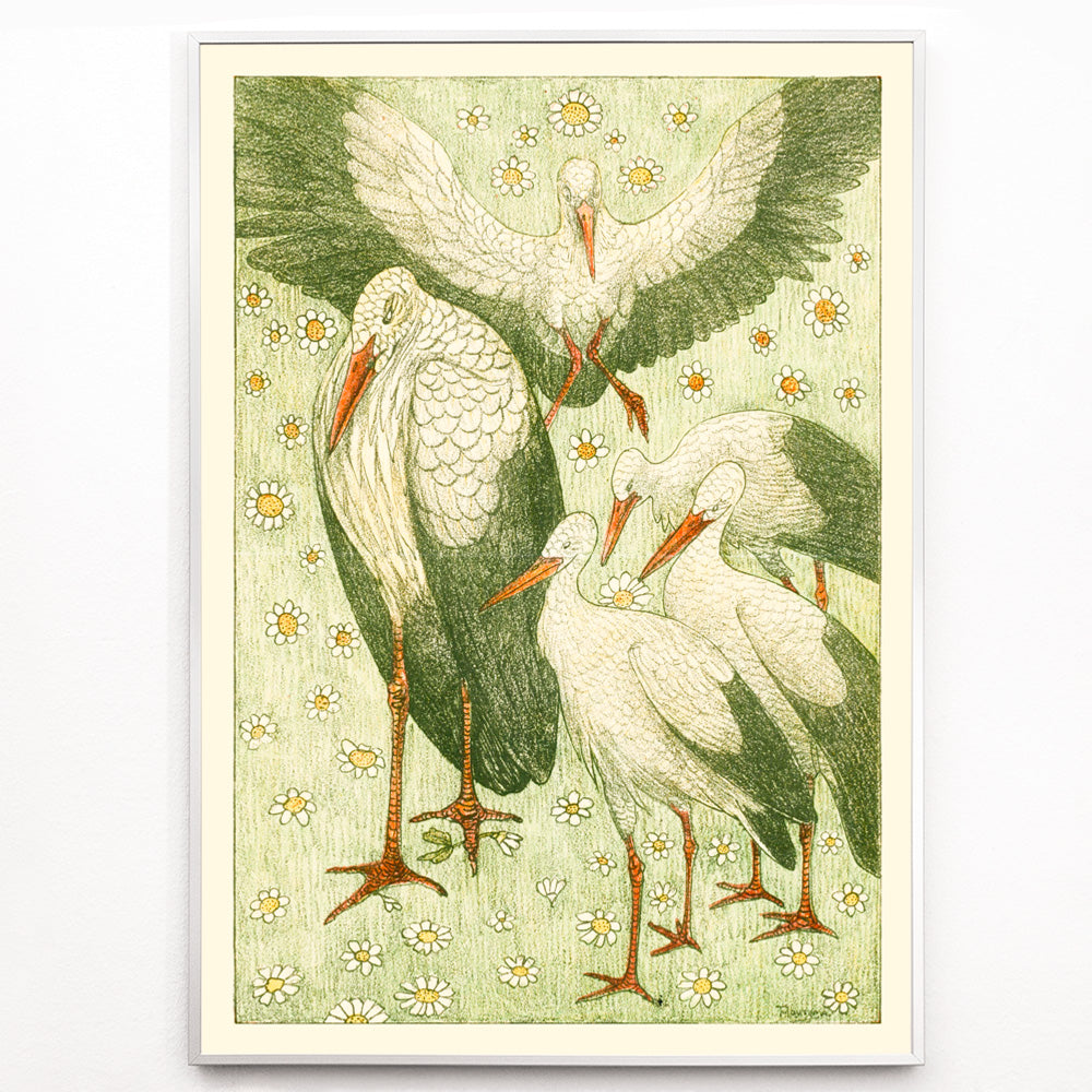 Closeup detail of Five storks standing and flying among daisies and flowers in a meadow artwork by Theo van Hoytema poster