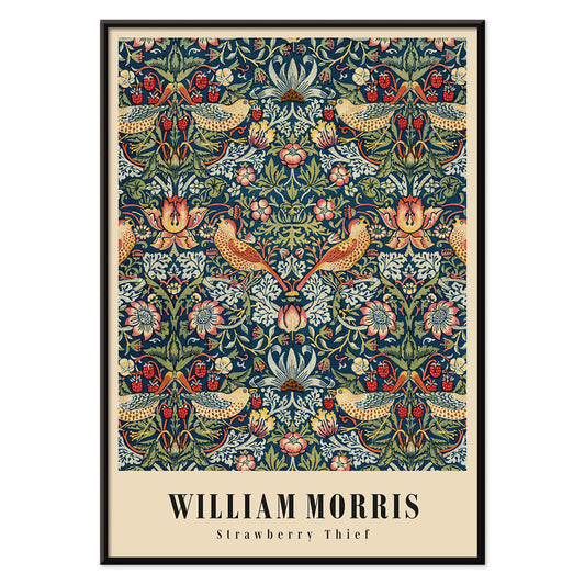 Strawberry Thief by William Morris ornate floral and bird pattern artwork poster with intricate designs and rich colors, with black aluminium frame on white background