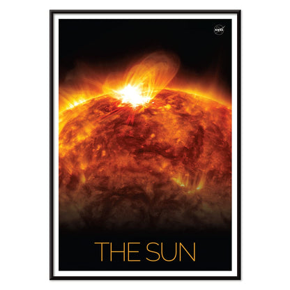 Vibrant NASA artwork of the Sun with solar flares titled The Sun 1 fiery depiction and poster, with black aluminium frame on white background