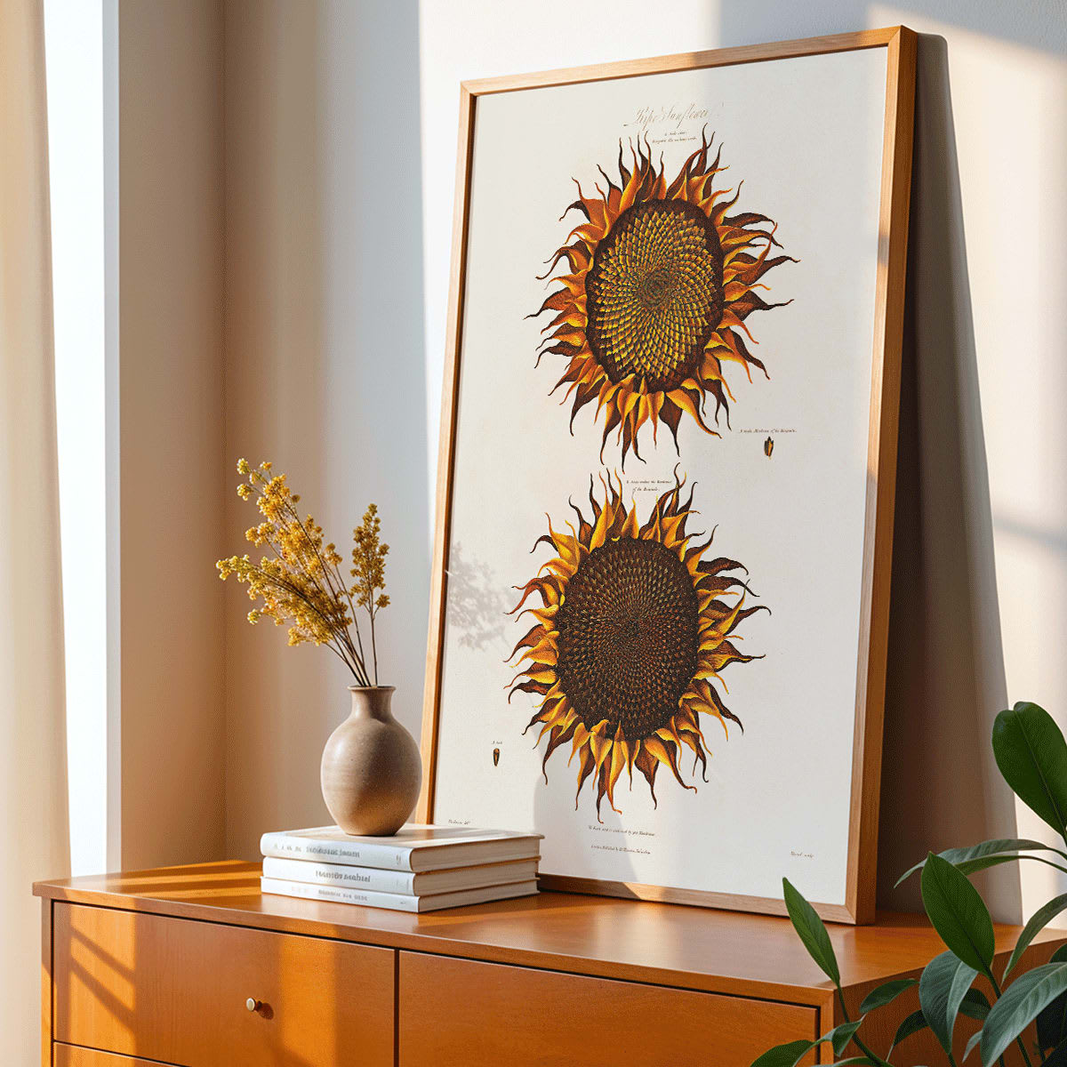 Botanical illustration of two vibrant orange sunflowers titled Ripe Sunflower by Robert John Thornton, framed and displayed in home decor