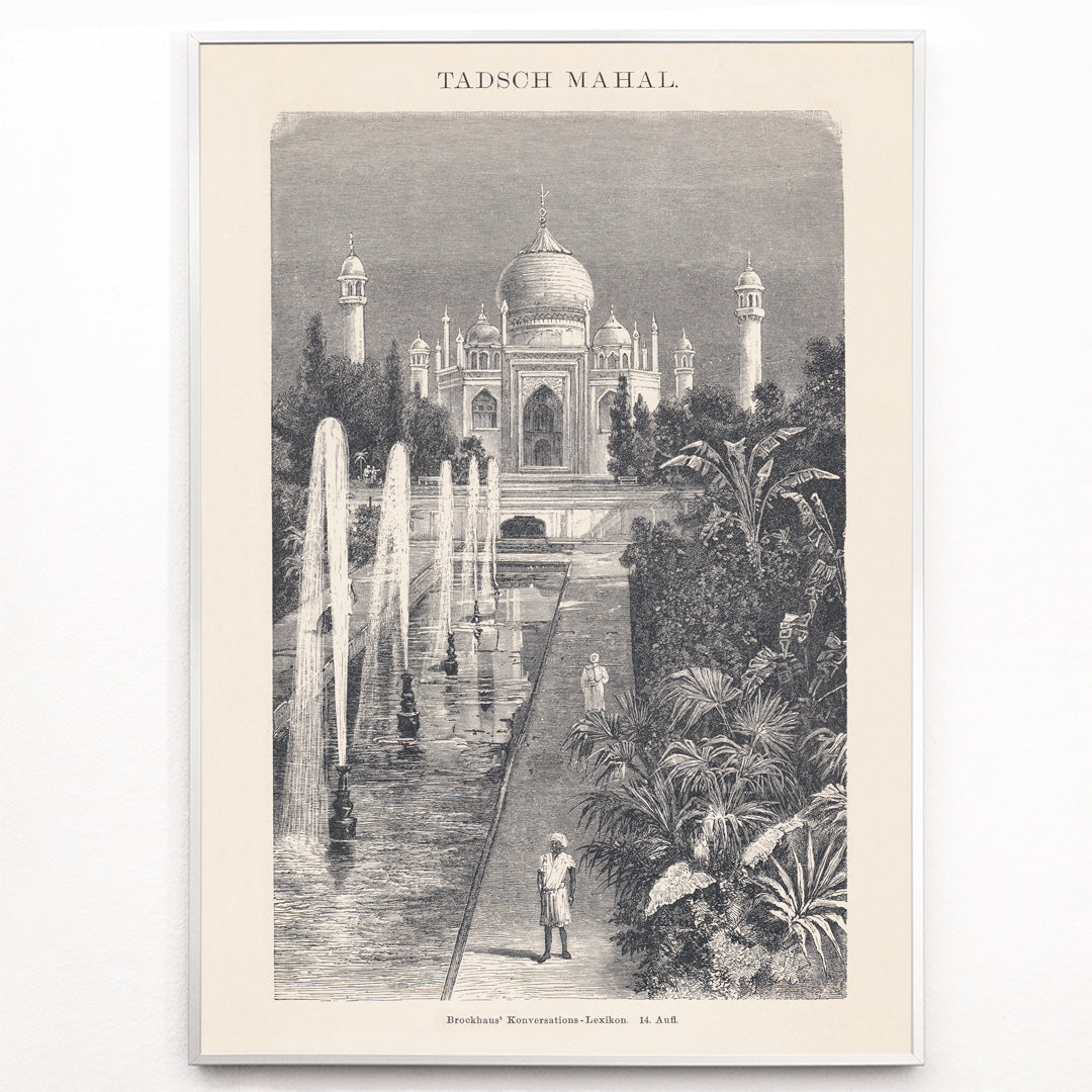 Closeup detail of Taj Mahal artwork with fountains and lush gardens by The Institute of Liepzig detailed sketch and poster