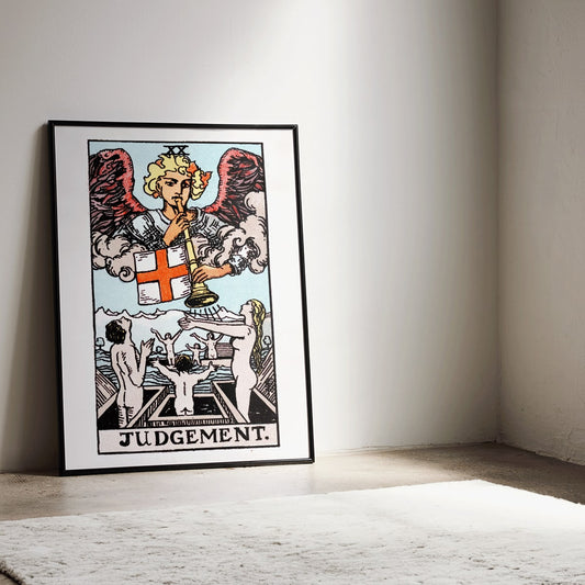 Judgement tarot card by Rider Waite showing an angel with a trumpet and people rising from graves poster, framed and displayed in home decor