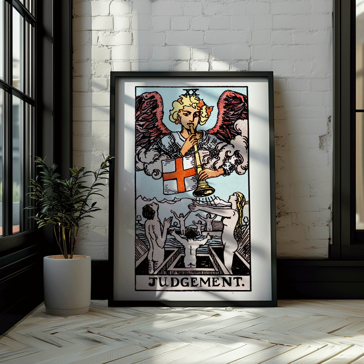 Judgement tarot card by Rider Waite showing an angel with a trumpet and people rising from graves poster, framed and displayed in modern living room decor
