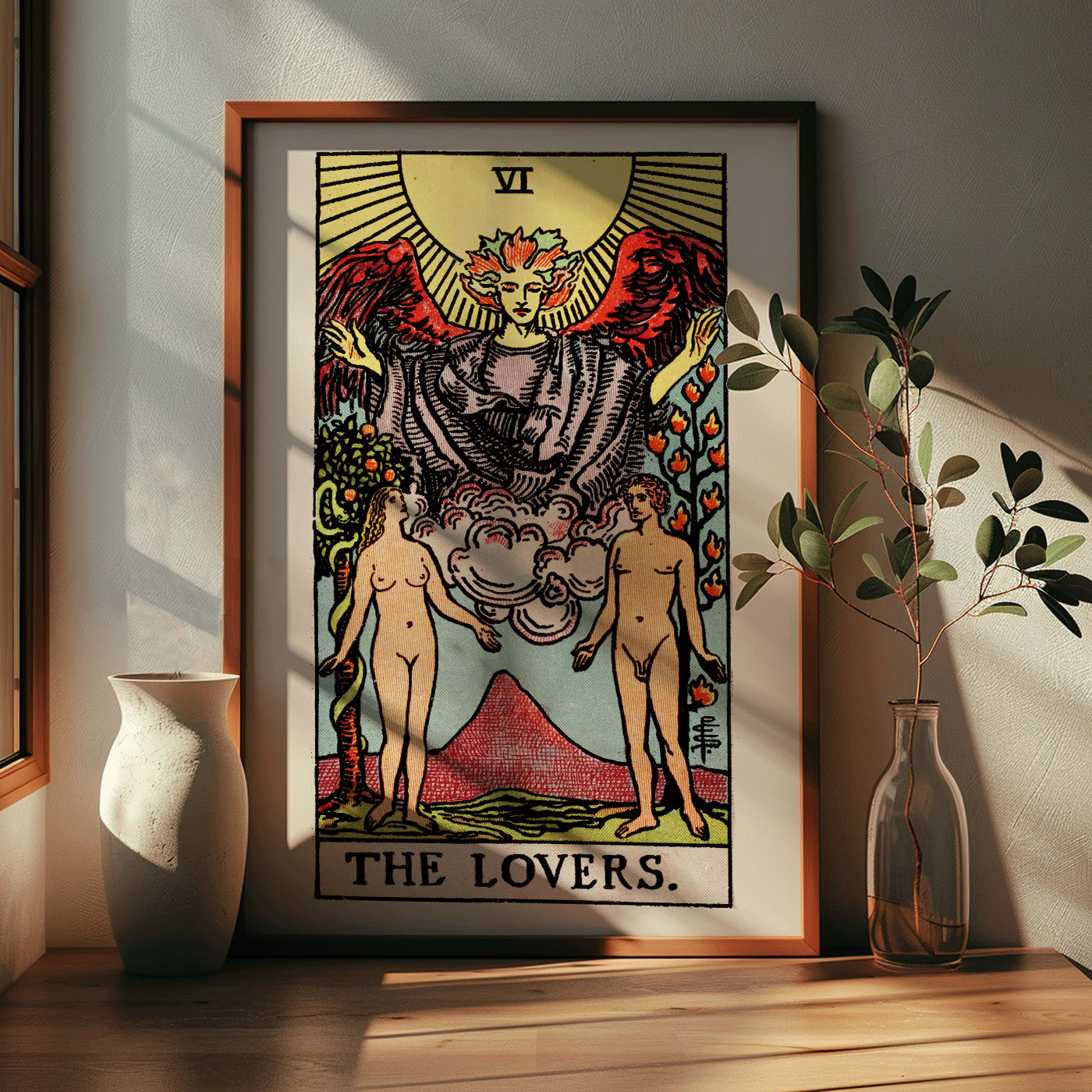 The Lovers Tarot card by Rider Waite featuring a winged angel above a man and woman in a garden illustration and poster, framed and displayed in home decor