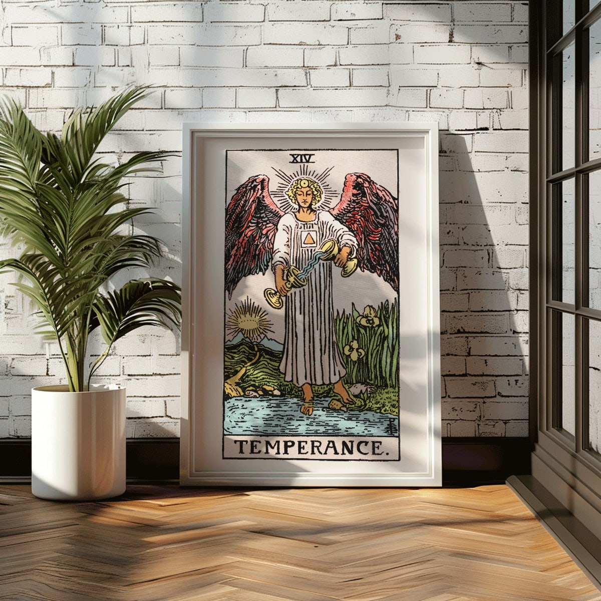 Temperance tarot card by Rider Waite featuring an angel with wings pouring liquid between two cups illustration and poster, framed and displayed in modern living room decor