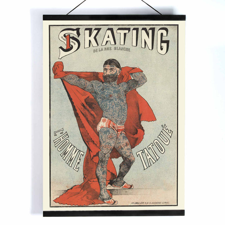 Emile Levy Skating de la Rue Blanche The Tattooed Man vintage lithograph poster with red drape, with wooden magnetic frame on white background
