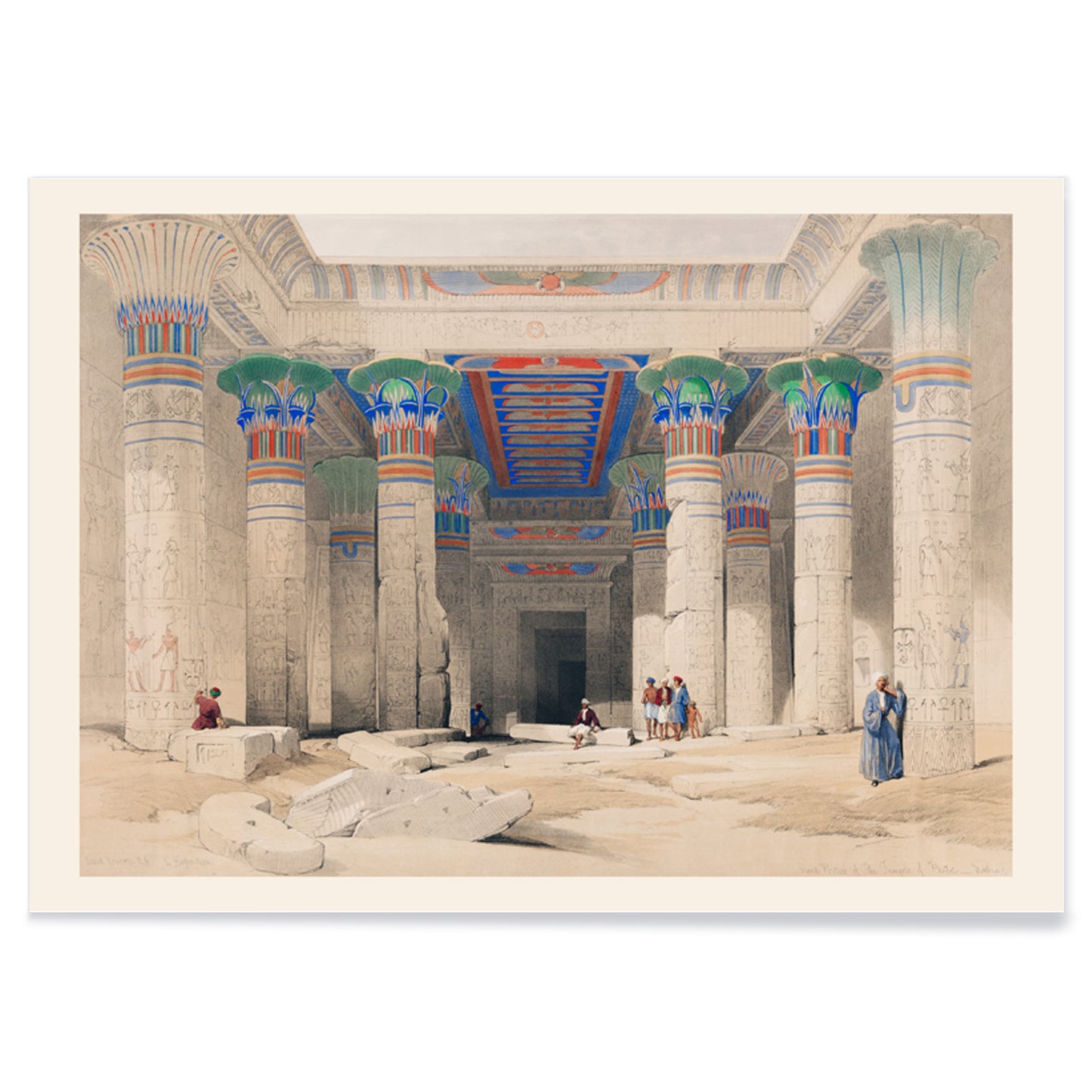 Colorful columns ancient ruins and Egyptian temple pillars with people in Grand Portico of the Temple of Philae by David Roberts, with black aluminium frame on white background
