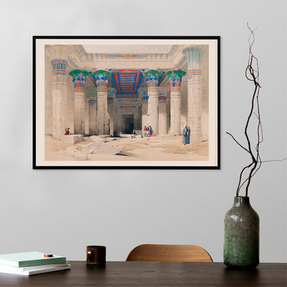 Colorful columns ancient ruins and Egyptian temple pillars with people in Grand Portico of the Temple of Philae by David Roberts, framed and displayed in home decor
