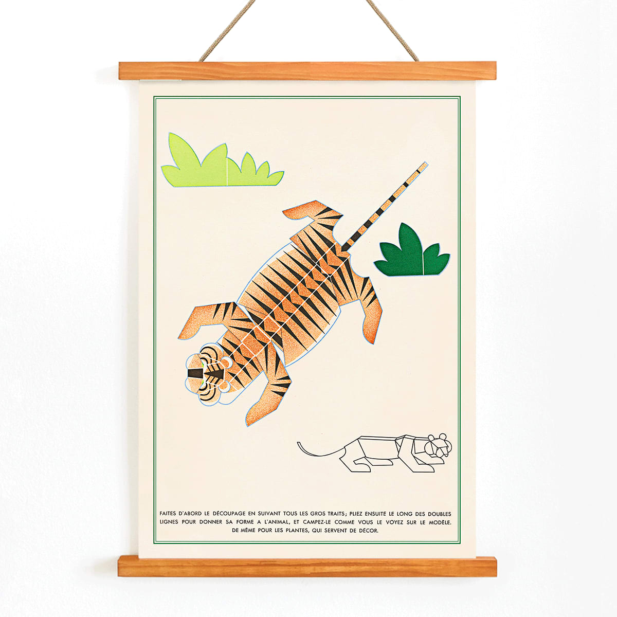 Geometric illustration poster of a tiger with plants in La Jungle chez moi Pl 08 by Turenne Chevallereau, with wooden magnetic frame on white background