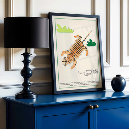 Geometric illustration poster of a tiger with plants in La Jungle chez moi Pl 08 by Turenne Chevallereau, framed and displayed in modern living room decor