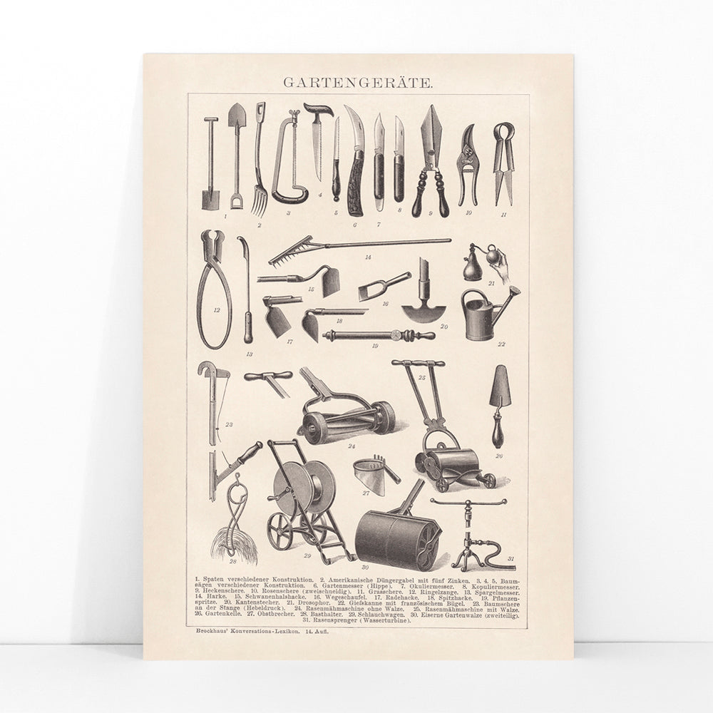 Vintage gardening tools illustration and poster lineup by Bibliographic institute of Liepzig Gartengeräte, framed and displayed in modern living room decor