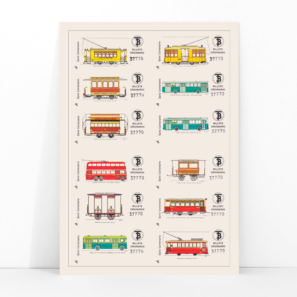 Vintage Barcelona bus and tram tickets poster with colorful illustrations from Compania de Tranvia de Barcelona Billetes de Bus de Barcelona, framed and displayed in modern living room decor