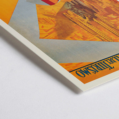 Closeup detail of Barcelona La Capital del Mediterraneo poster by Patronato Nacional del Turismo featuring city skyline cathedral cityscape and flying flag