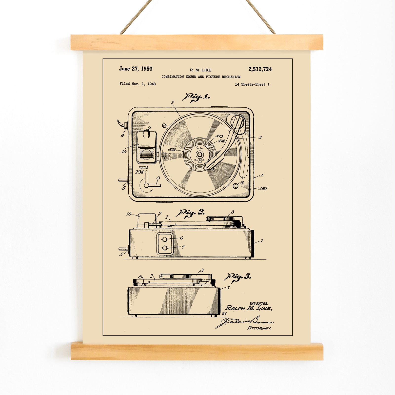 Vintage turntable patent illustration and technical drawing poster by R M Like ideal music lover decor, with wooden magnetic frame on white background