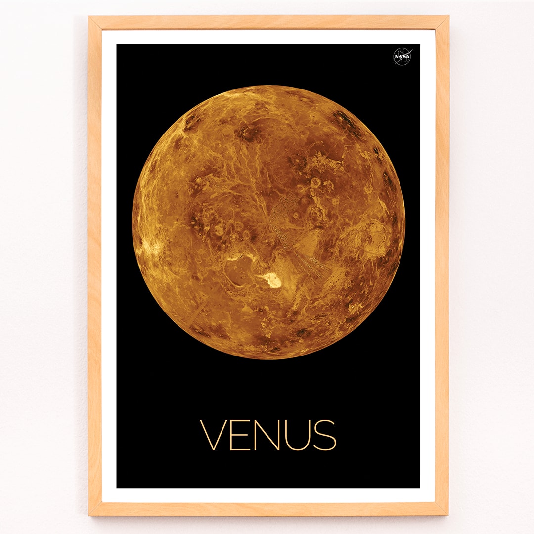 Planet Venus illustration and poster by NASA showing a detailed orange and brown view of the planet on a black background, framed and displayed in modern living room decor