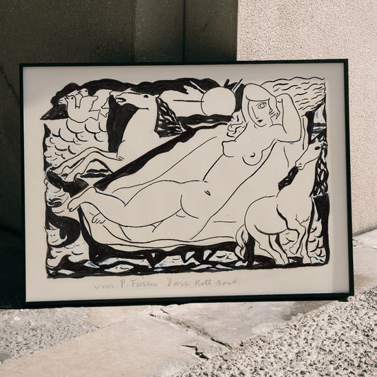 Venus Vignet by Leo Gestel reclining nude woman with horses in abstract black and white drawing poster, framed and displayed in home decor