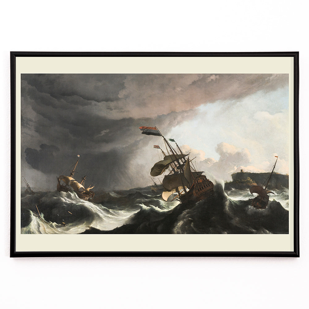 Closeup detail of Stormy seascape with sailing ships and dramatic sky by Ludolf Bakhuysen poster of stormy sea with ships battling large waves perfect for nautical and art enthusiasts
