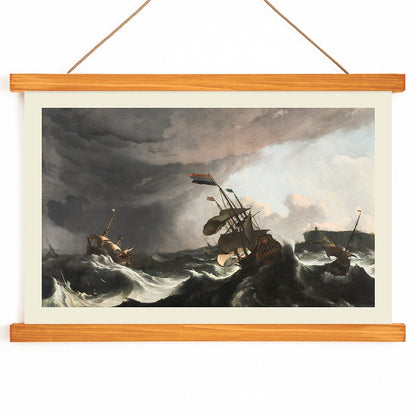 Stormy seascape with sailing ships and dramatic sky by Ludolf Bakhuysen poster of stormy sea with ships battling large waves perfect for nautical and art enthusiasts, with wooden magnetic frame on white background