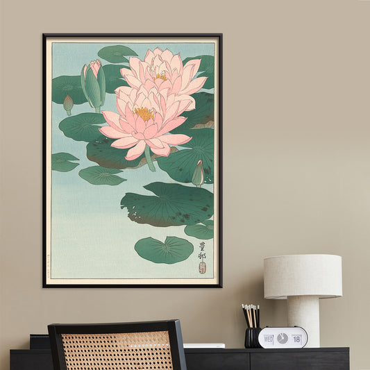 Poster of pink water lilies and green lily pads on calm pond from Flowering Water Lily by Ohara Koson, framed and displayed in home decor