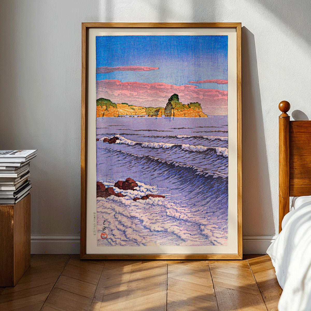 Colorful seascape waves and rocky shore with ocean waves and coastal cliffs in Morning Sea at Bikuni in Shiribeshi Province by Kawase Hasui under a colorful sky, framed and displayed in modern living room decor