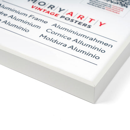 White aluminium picture frame with a minimalist design, clean lines, and a refined finish, suitable for displaying photos or art prints., front corner closeup picture