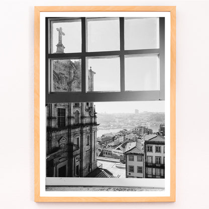 Closeup detail of Black and white cityscape poster of Porto seen through a window from the artwork Porto from window