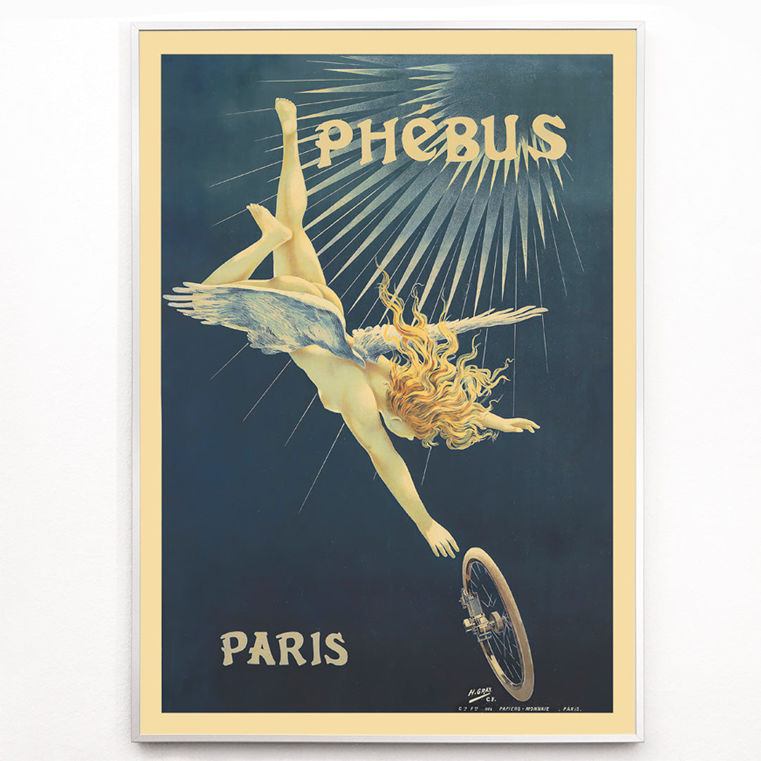 Closeup detail of Poster of a winged figure with golden hair falling toward a bicycle wheel in Phébus by Henri Boulanger Gray